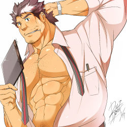 Rule 34 | 1boy, abs, alternate pectoral size, arm behind head, bara, blush, book, brown hair, chest hair, cigarette, facial hair, goatee, highres, holding, holding book, large pectorals, long sideburns, looking at viewer, male focus, mature male, mononobe kyoma, multicolored hair, muscular, muscular male, necktie, nipples, open clothes, open shirt, pants boxer, pectoral cleavage, pectorals, pink shirt, shirt, short hair, sideburns, smile, solo, stomach, streaked hair, stubble, thick eyebrows, tokyo houkago summoners, undone necktie, white hair