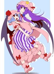 Rule 34 | 2girls, bat wings, blue bow, blue hair, boots, bow, capelet, crescent, double bun, dress, eichi yuu, frilled shirt collar, frills, full body, hair bow, hair bun, hat, hat ribbon, hug, long hair, mob cap, multiple girls, open mouth, patchouli knowledge, pink footwear, pink shirt, pink skirt, puffy short sleeves, puffy sleeves, purple eyes, purple hair, red bow, red eyes, red ribbon, remilia scarlet, ribbon, shirt, shoes, short sleeves, skirt, skirt set, striped clothes, striped dress, touhou, triangle mouth, vertical-striped clothes, vertical-striped dress, wide sleeves, wings