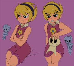Rule 34 | 1girl, blonde hair, blush, captain kirb, clenched teeth, collared dress, crossed arms, d:, dress, frown, grim (grim adventures), hairband, holding, holding skull, looking at another, looking away, looking down, mandy (billy &amp; mandy), mandy (grim adventures), multiple views, open mouth, purple background, purple dress, purple eyes, short hair, simple background, sitting, skull, teeth, the grim adventures of billy &amp; mandy, upper body