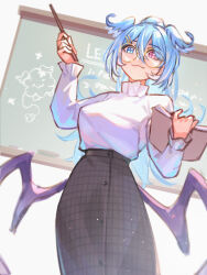 Rule 34 | 1girl, 1other, absurdres, baton, blue hair, blue wings, blush, book, bow, bow earrings, breasts, brown cardigan, brown skirt, buttons, cardigan, chalkboard, checkered clothes, checkered skirt, collar, earrings, elira pendora, elira pendora (3rd costume), famelira (elira pendora), frilled collar, frills, from below, glasses, hair between eyes, hair ornament, hairclip, head wings, high ponytail, highres, holding, holding book, jewelry, large breasts, long hair, long skirt, long sleeves, looking at viewer, maplesights, multicolored hair, nijisanji, nijisanji en, official alternate costume, official alternate hairstyle, round eyewear, shirt tucked in, skirt, sleeves past fingers, sleeves past wrists, smile, sweater, teacher, teaching, virtual youtuber, white background, white hair, white sweater, wings