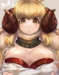 Rule 34 | 1girl, anila (granblue fantasy), bad id, bad pixiv id, blonde hair, breasts, brown background, cleavage, commentary request, draph, fur trim, gloves, granblue fantasy, highres, horns, large breasts, long hair, looking at viewer, maou (maoudaisukiya), sheep horns, simple background, solo, upper body, white gloves, yellow eyes