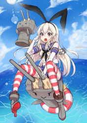 Rule 34 | 10s, 1girl, anchor, anchor hair ornament, animal ears, bad id, bad pixiv id, blonde hair, blush, boots, brown eyes, cloud, day, elbow gloves, fake animal ears, flying, full body, gloves, grey footwear, hair ornament, hairband, highres, kantai collection, lens flare, lifebuoy, long hair, open mouth, personification, rabbit ears, rensouhou-chan, shennai misha, shimakaze (kancolle), skirt, sky, solo, striped clothes, striped thighhighs, swim ring, thighhighs, white gloves