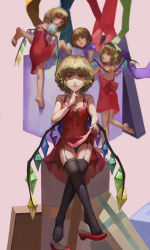 Rule 34 | 5girls, absurdres, adapted costume, alternate costume, back, back cutout, backlighting, barefoot, bell, black legwear, black panties, blonde hair, blurry, blurry background, box, climbing, clothing cutout, collarbone, crossed legs, dress, expressionless, finger to mouth, flandre scarlet, four of a kind (touhou), garter belt, garter straps, gift, highres, hip focus, in box, in container, jiliang ji ying, jingle bell, kneepits, lace, lace-trimmed legwear, lace panties, lace trim, leg up, legs, looking at viewer, looking back, multiple girls, multiple persona, open box, panties, pantyshot, patchouli knowledge, puffy short sleeves, puffy sleeves, purple background, red eyes, red footwear, ribbon, shaded face, shoe dangle, shoes, unworn shoes, short dress, short hair, short sleeves, shushing, simple background, single shoe, sitting, sleeveless, sleeveless dress, smile, thighhighs, thighs, toes, touhou, underwear, wavy hair, wings