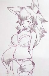 Rule 34 | 1girl, animal ear fluff, animal ears, blush, bra, breasts, commentary request, corrupted twitter file, hair ornament, highres, hololive, large breasts, long hair, looking at viewer, monochrome, ookami mio, panties, solo, standing, tail, traditional media, tsukareta san, underwear, underwear only, virtual youtuber, wolf ears, wolf girl, wolf tail