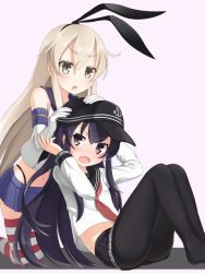 Rule 34 | 10s, 2girls, akatsuki (kancolle), bare shoulders, black legwear, black skirt, blonde hair, blue skirt, blush, bow, brown eyes, crop top, elbow gloves, flat cap, gloves, hair bow, hairband, hand on another&#039;s head, hat, kantai collection, keizoo, kneeling, knees up, legs together, long hair, long sleeves, microskirt, midriff, multiple girls, neckerchief, open mouth, pantyhose, pleated skirt, purple hair, sailor collar, school uniform, serafuku, shimakaze (kancolle), simple background, sitting, skirt, striped clothes, striped legwear, striped thighhighs, thighhighs, white background, white gloves