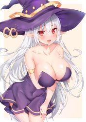 Rule 34 | 1girl, :d, absurdres, armlet, artist request, bare shoulders, breast hold, breasts, cleavage, collarbone, commission, covered navel, cowboy shot, dress, hat, highres, large breasts, leaning forward, long hair, looking at viewer, mole, mole on breast, no bra, open mouth, original, pointy ears, purple dress, purple hat, red eyes, second-party source, short dress, sidelocks, smile, solo, strapless, strapless dress, very long hair, white hair, witch hat