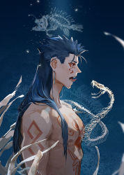 Rule 34 | 1boy, anglerfish, biceps, blue hair, bodypaint, cu chulainn (fate), cu chulainn (fate) (all), cu chulainn (fate/stay night), cu chulainn alter (fate), cu chulainn alter (fate/grand order), dark persona, earrings, facepaint, fate/grand order, fate (series), fish, from side, guttia, jewelry, lancer, long hair, male focus, muscular, muscular male, nipples, open mouth, pectorals, red eyes, sharp teeth, skeleton, snake, solo, spiked hair, teeth, tongue, tongue out, topless male, underwater, water