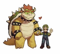 Rule 34 | 2boys, bowser, couple, deformed, full body, furry, furry with non-furry, heart, holding hands, interspecies, looking at viewer, luigi, m0kaccinoh, male focus, mario (series), multiple boys, nintendo, short hair, solid circle eyes, standing, thick eyebrows, waving, yaoi