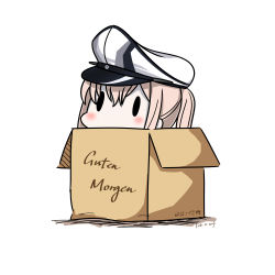 Rule 34 | 10s, 1girl, 2017, absurdres, bad id, bad pixiv id, blonde hair, blush, box, cardboard box, chibi, dated, german text, graf zeppelin (kancolle), hat, hatsuzuki 527, highres, in box, in container, kantai collection, pale skin, peaked cap, simple background, solid oval eyes, solo, translated, twintails, twitter username, white background