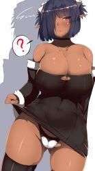Rule 34 | 1girl, ?, artist name, bare shoulders, black hair, blush, breasts, cleavage, clothes lift, covered navel, curvy, dark-skinned female, dark elf, dark skin, dress, dress lift, elf, gluteal fold, hair ornament, hair over one eye, highres, huge breasts, looking at viewer, open mouth, original, panties, pointy ears, red eyes, short hair, simple background, solo, souma (ordures), spoken question mark, standing, thighhighs, underwear