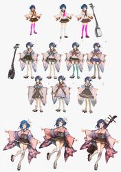 Rule 34 | 1girl, blue eyes, blue hair, bow, character sheet, concept art, floral print, flower, full body, glasses, hair bow, hair flower, hair ornament, highres, instrument, japanese clothes, lm7 (op-center), looking at viewer, making-of available, multiple views, obi, original, outstretched arms, pink thighhighs, sandals, sash, school uniform, shamisen, short hair, simple background, skirt, standing, thighhighs, white background, white thighhighs, zettai ryouiki