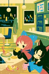 Rule 34 | 2girls, animal ears, animal print, bad id, bad pixiv id, black dress, black eyes, blue bow, blue dress, blush, bow, brooch, brown hair, cake, cake slice, capelet, cat print, chair, closed eyes, cup, dress, drinking, food, fork, hair bow, holding, holding cup, imaizumi kagerou, jewelry, long hair, looking at another, mug, multiple girls, open mouth, pancake, plant, plate, potted plant, red capelet, red hair, sekibanki, shinonoko, sitting, table, touhou, wolf ears