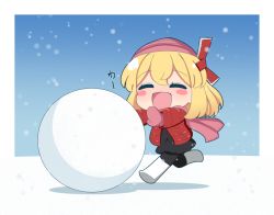 Rule 34 | 1girl, beanie, black legwear, black skirt, blonde hair, blush stickers, chibi, closed eyes, coat, commentary request, full body, hair ribbon, hat, medium hair, mittens, open mouth, outdoors, outstretched arms, pink hat, pink mittens, pink scarf, red coat, red ribbon, ribbon, rumia, scarf, skirt, smile, snow, snowball, snowing, solo, takapi 3, touhou, winter, winter clothes, winter coat