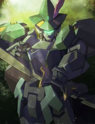 Rule 34 | absurdres, arm slave (mecha), bow (weapon), fantasia re:build, forest, full metal panic!, glowing, highres, holding, holding bow (weapon), holding weapon, looking at viewer, m9 gernsback, mecha, mecha focus, nature, no humans, official art, open hand, robot, science fiction, solo, sunlight, visor, weapon