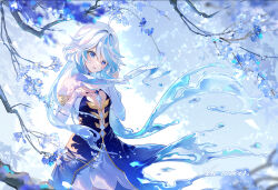Rule 34 | 1girl, ahoge, blue eyes, blue hair, branch, commentary request, crying, dress, furina (genshin impact), genshin impact, hair between eyes, highres, juliet sleeves, light blue hair, long hair, long sleeves, miaogujun, multicolored hair, puffy sleeves, sidelocks, smile, solo, tears, water, white dress, white hair