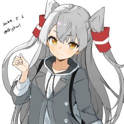 Rule 34 | 1girl, absurdres, alternate costume, amatsukaze (kancolle), backpack, bag, bigkwl, blush, buttons, closed mouth, dated, grey hair, grey jacket, hair tubes, highres, hood, hood down, hoodie, jacket, kantai collection, long hair, long sleeves, looking at viewer, one-hour drawing challenge, orange eyes, simple background, solo, twitter username, two side up, upper body, white background, white hoodie