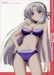 Rule 34 | 1girl, absurdres, blush, bow, bow bra, bow panties, bra, breasts, choker, cleavage, cover, dvd cover, facial mark, forehead mark, grey hair, hairband, highres, isono satoshi, jinguuji kuesu, large breasts, lingerie, lolita hairband, long hair, matra milan, navel, official art, omamori himari, panties, purple bra, purple eyes, purple panties, ribbon choker, scan, solo, stomach, strapless, strapless bra, underwear, underwear only, very long hair
