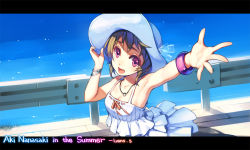 Rule 34 | 1girl, :d, armpits, artist name, bare shoulders, bracelet, breasts, brown hair, character name, cleavage, collarbone, dress, hat, jewelry, letterboxed, lvans, nanasaki aki, necklace, open mouth, original, outstretched arm, outstretched hand, pink eyes, purple eyes, railing, short hair, small breasts, smile, solo, sun hat, sundress, water