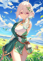 Rule 34 | 1girl, antenna hair, bare shoulders, blue sky, breasts, bridal gauntlets, closed mouth, cloud, cloudy sky, commentary, day, detached sleeves, dress, elf, falling leaves, flower, green sleeves, hair between eyes, hair flower, hair ornament, hand up, highres, kokkoro (princess connect!), leaf, long sleeves, looking at viewer, medium breasts, nihnfinite8, outdoors, pelvic curtain, pointy ears, princess connect!, puffy long sleeves, puffy sleeves, red eyes, see-through, see-through sleeves, short hair, sky, sleeveless, sleeveless dress, smile, solo, white dress, white flower, white hair, wind