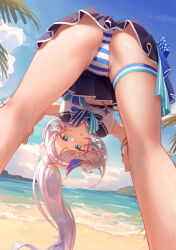 Rule 34 | 1girl, absurdres, ass, beach, bikini, blue eyes, blush, braid, braided bangs, breasts, day, feather hair ornament, feathers, from below, grey hair, hair ornament, highres, hololive, hololive indonesia, hololive summer 2023 swimsuit, large breasts, long hair, looking at viewer, looking through own legs, naughty face, navel, open mouth, outdoors, pavolia reine, presenting, shironekokfp, solo, striped bikini, striped clothes, swimsuit, thigh strap, top-down bottom-up, virtual youtuber