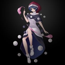 Rule 34 | 1girl, :3, absurdres, arm at side, bare shoulders, black background, black capelet, black dress, blue hair, bobby socks, bright pupils, capelet, commentary, doremy sweet, dream soul, dress, eyebrows hidden by hair, full body, hand up, hat, highres, inoshin (inixia1748), looking at viewer, multicolored clothes, multicolored dress, nightcap, orb, parted lips, pointing, pom pom (clothes), purple eyes, red hat, short hair, simple background, sleeveless, sleeveless dress, socks, solo, starry sky print, touhou, turtleneck, turtleneck dress, two-sided fabric, white dress, white pupils, white socks