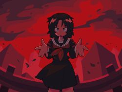 Rule 34 | 1girl, bacun, black hair, black serafuku, building, commentary, english commentary, highres, leaf, looking at viewer, nazo no kanojo x, neckerchief, outdoors, outstretched arms, railing, reaching, reaching towards viewer, red neckerchief, red theme, sailor collar, school uniform, serafuku, short hair, skirt, solo, urabe mikoto, wind