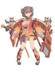 Rule 34 | 1girl, artist request, blue eyes, breasts, brown hair, cleavage, detached sleeves, full body, hairband, katana, large breasts, official art, open clothes, open mouth, oshiro project:re, oshiro project:re, short hair, shuri (oshiro project), solo, sword, transparent background, weapon