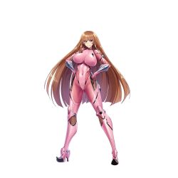 Rule 34 | 1girl, aoi nagisa (metalder), arm guards, armor, blue eyes, bodysuit, breasts, brown hair, covered navel, curvy, female focus, fishnets, full body, gloves, hand on own hip, hand up, high heels, impossible bodysuit, impossible clothes, koukawa asuka, large breasts, lilith-soft, long hair, looking at viewer, official art, parted lips, pink bodysuit, shiny clothes, shiny skin, skin tight, smile, solo, standing, taimanin (series), taimanin asagi, taimanin rpgx, thighhighs, transparent background, very long hair