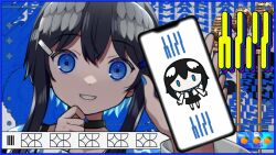 Rule 34 | 1girl, black choker, black dress, black hair, blue background, blue border, blue eyes, blue nails, border, cellphone, choker, commentary request, dress, feathered wings, food, fruit, grin, hands up, head wings, highres, holding, holding phone, indie virtual youtuber, jacket, kurata rine, kuratarine, long sleeves, looking at viewer, nail polish, open clothes, open jacket, orange (fruit), phone, ringed eyes, smile, solo, video thumbnail, virtual youtuber, white jacket, white wings, wings