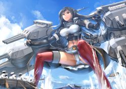 Rule 34 | black gloves, black hair, boat, cloud, cloudy sky, day, ebizome, elbow gloves, fingerless gloves, giant, giantess, gloves, headgear, highres, kantai collection, long hair, miniskirt, nagato (kancolle), ocean, outdoors, panties, pleated skirt, red eyes, sailor, skirt, sky, solo focus, thighhighs, underwear, watercraft, waves, white panties