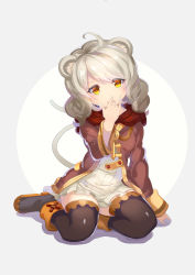 Rule 34 | 1girl, ahoge, animal ears, arm at side, black footwear, black thighhighs, boots, brown coat, coat, curly hair, dress, eyebrows, falken (yutozin), finger to mouth, frown, full body, grey background, grey hair, hand to own mouth, head tilt, highres, knee boots, long sleeves, looking at viewer, mouse ears, mouse tail, open clothes, open coat, original, red scarf, scarf, simple background, sitting, solo, striped clothes, striped dress, tail, tareme, thighhighs, vertical-striped clothes, vertical-striped dress, white dress, yellow eyes, yokozuwari