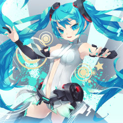Rule 34 | 1girl, aqua eyes, aqua hair, bad id, bad pixiv id, bare shoulders, belt, bridal gauntlets, elbow gloves, fingerless gloves, gloves, hatoyama itsuru, hatsune miku, hatsune miku (append), long hair, looking at viewer, navel, necktie, open mouth, smile, solo, thighhighs, twintails, very long hair, vocaloid, vocaloid append, zettai ryouiki