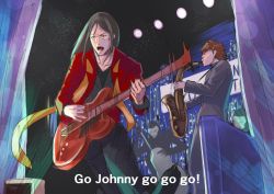 Rule 34 | assassin (fate/zero), back to the future, brown hair, crossover, english text, fate/grand order, fate (series), guitar, instrument, kotomine kirei, long hair, lord el-melloi ii, lyrics, motion blur, munaage, music, parody, playing instrument, saxophone, scarf, speaker, stage, stage lights, sweat, waver velvet