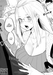 Rule 34 | 1girl, 2boys, puff of air, absurdres, artist name, bag, bangs pinned back, breast press, breasts, bus interior, casual, cleavage, collarbone, glasses, greyscale, hair pulled back, handbag, highres, inne sulistya robin, jacket, jewelry, large breasts, long hair, monochrome, multiple boys, norman maggot, open clothes, open jacket, original, pendant, pomf, speech bubble, standing, sweatdrop, upper body