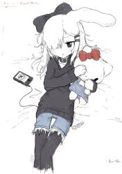 Rule 34 | 1girl, animal ears, black legwear, black sweater, bow, chain, choker, collar, feet out of frame, female focus, hair bow, hair ornament, hello kitty, looking at viewer, pout, rabbit ears, sanrio, shorts, shy, solo, sweater, vreparty