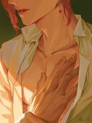 Rule 34 | 2boys, artist name, collarbone, collared shirt, commentary, earrings, green background, hand up, head out of frame, jewelry, jojo no kimyou na bouken, kakyoin noriaki, male focus, mmmilk, multiple boys, open clothes, open mouth, open shirt, pectoral cleavage, pectorals, red hair, shirt, short hair, solo focus, upper body, white shirt, yaoi