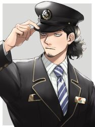 Rule 34 | 1boy, bags under eyes, black hair, black jacket, boku no hero academia, border, closed mouth, collared shirt, eraser head (boku no hero academia), facial hair, facial scar, goatee, grey background, hat, jacket, long sleeves, looking ahead, male focus, mature male, necktie, peaked cap, rnuyvm, scar, scar on cheek, scar on face, shirt, sideburns, solo, striped necktie, white border, white shirt