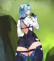 Rule 34 | 1girl, ass, bare back, black gloves, black thighhighs, blue hair, blush, commentary, eula (genshin impact), from behind, genshin impact, gloves, kisou (kisou00), long hair, solo, thick thighs, thighhighs, thighs, yellow eyes