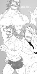 Rule 34 | 1boy, bara, beard, brown eyes, brown hair, bulge, clothes lift, eugen (granblue fantasy), eyepatch, facial hair, granblue fantasy, greyscale, highres, large pectorals, looking at viewer, male focus, male underwear, manly, monochrome, multiple views, muscular, mustache, old, old man, pectorals, running, rybiok, shirt lift, underwear, upper body, wiping face