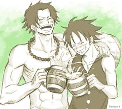 Rule 34 | 2boys, abs, brothers, cup, drinking, freckles, hat, jewelry, male focus, monkey d. luffy, mug, multiple boys, necklace, one piece, portgas d. ace, scar, topless male, siblings, smile, stampede string, vest