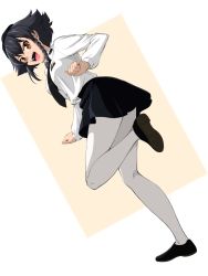 Rule 34 | 1girl, :d, anzio school uniform, belt, beret, black belt, black footwear, black hair, black hat, black necktie, black skirt, braid, brown eyes, clenched hands, commentary, dress shirt, dutch angle, emblem, girls und panzer, hat, highres, leg up, loafers, long sleeves, looking at viewer, looking back, miniskirt, necktie, open mouth, pantyhose, pepperoni (girls und panzer), pleated skirt, ruka (piyopiyopu), school uniform, shirt, shoes, short hair, side braid, skirt, smile, solo, standing, standing on one leg, white pantyhose, white shirt