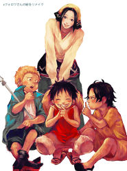 Rule 34 | 1girl, 3boys, bandana, black hair, blonde hair, brothers, east blue, closed eyes, family, freckles, hat, unworn headwear, long sleeves, makino (one piece), monkey d. luffy, multiple boys, one piece, open mouth, pole, portgas d. ace, sabo (one piece), sandals, shirt, shorts, siblings, sitting, skirt, smile, stampede string, straw hat, t-shirt, tank top, translation request, tsuyomaru, aged down