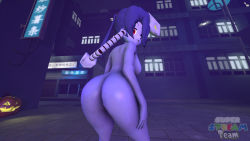 Rule 34 | 1girl, 3d, ass, blue skin, colored skin, leviathan (skullgirls), nude, red eyes, skullgirls, squigly (skullgirls), zombie