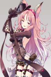 Rule 34 | 10s, 1girl, :d, animal ears, armpits, belt, belt pouch, black gloves, blush, breasts, cape, cat ears, catharine (granblue fantasy), cowboy shot, cross-laced clothes, erune, eyebrows, garter straps, gloves, gradient background, granblue fantasy, grey background, gun, hair between eyes, hairband, hama chon, hands up, hat, highres, holding, holding gun, holding weapon, leotard, light particles, long hair, looking at viewer, mini hat, mini top hat, open mouth, pink eyes, pink hair, pouch, red eyes, sidelocks, simple background, smile, solo, top hat, waist cape, weapon
