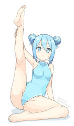 Rule 34 | 1girl, armpits, bare arms, bare legs, bare shoulders, barefoot, blue eyes, blue hair, blue leotard, blush, breasts, commentary request, covered collarbone, double bun, hair between eyes, hair bun, hatsunatsu, leg up, leotard, looking at viewer, original, parted lips, patreon username, shadow, sidelocks, small breasts, solo, sweat, v-shaped eyebrows, white background