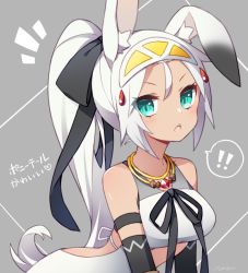 Rule 34 | !, !!, 1girl, ^^^, animal ear fluff, animal ears, aqua eyes, bad id, bad twitter id, blush, breasts, dragalia lost, grey background, heart, jewelry, long hair, looking at viewer, medium breasts, nazu, necklace, open mouth, ponytail, rabbit ears, sarisse (dragalia lost), signature, solo, white hair