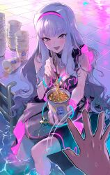 Rule 34 | 1boy, 1girl, absurdres, bare arms, bikini, black bikini, black dress, blush, bracelet, brand name imitation, breasts, chopsticks, collarbone, commentary, cup, dress, eyelashes, feet out of frame, fingernails, grey hair, hairband, highres, holding, holding chopsticks, holding cup, idolmaster, idolmaster (classic), idolmaster million live!, jewelry, large breasts, long eyelashes, long hair, looking at viewer, midnamana, motion lines, nail polish, neon trim, nissin cup noodle, pink dress, pink eyes, pink hairband, pink nails, pool, pool ladder, poolside, pov, pov hands, purple pupils, refraction, revision, shijou takane, sitting, smile, soaking feet, sweatdrop, swimsuit, symbol-only commentary, tile floor, tiles, triangle mouth, two-sided dress, two-sided fabric, two-tone dress, very long hair, waving, wavy hair, wet