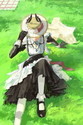 Rule 34 | 1girl, absurdres, apron, arknights, black dress, black footwear, black gloves, chinese commentary, commentary request, dress, gloves, grass, grey hair, hat, hat ribbon, head wings, head wings through headwear, highres, irene (arknights), irene (voyage of feathers) (arknights), juliet sleeves, long hair, long sleeves, maid, official alternate costume, on ground, pantyhose, peach21, picnic blanket, puffy sleeves, ribbon, sitting, solo, sun hat, white apron, white pantyhose, wings