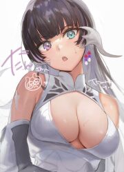 Rule 34 | 1girl, :o, aqua eyes, au ra, bare shoulders, black hair, blunt bangs, blush, breasts, cleavage, cleavage cutout, clothing cutout, commission, cyobiro, detached sleeves, dragon horns, dress, earrings, final fantasy, final fantasy xiv, heterochromia, horns, jewelry, large breasts, long hair, looking at viewer, open mouth, purple eyes, scales, skeb commission, sleeveless, sleeveless dress, solo, sweatdrop, thank you, upper body, warrior of light (ff14), white background