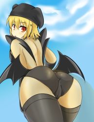 Rule 34 | 1girl, ass, bad id, bad pixiv id, bat wings, black panties, blonde hair, blush, boots, breasts, cameltoe, choker, demon girl, elbow gloves, gloves, hat, looking back, mabinogi, momio, panties, red eyes, short hair, small breasts, solo, succubus (mabinogi), thigh boots, thighhighs, underwear, wings